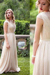 Chiffon Cap Sleeves A-line Bridesmaid Dresses, Simple Long Prom Dress